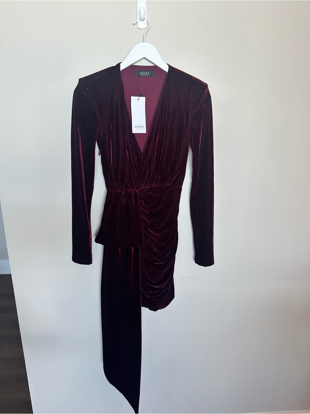 AKIRA Velvet Ruched Mini Dress in Deep Wine - Picture 3 of 9